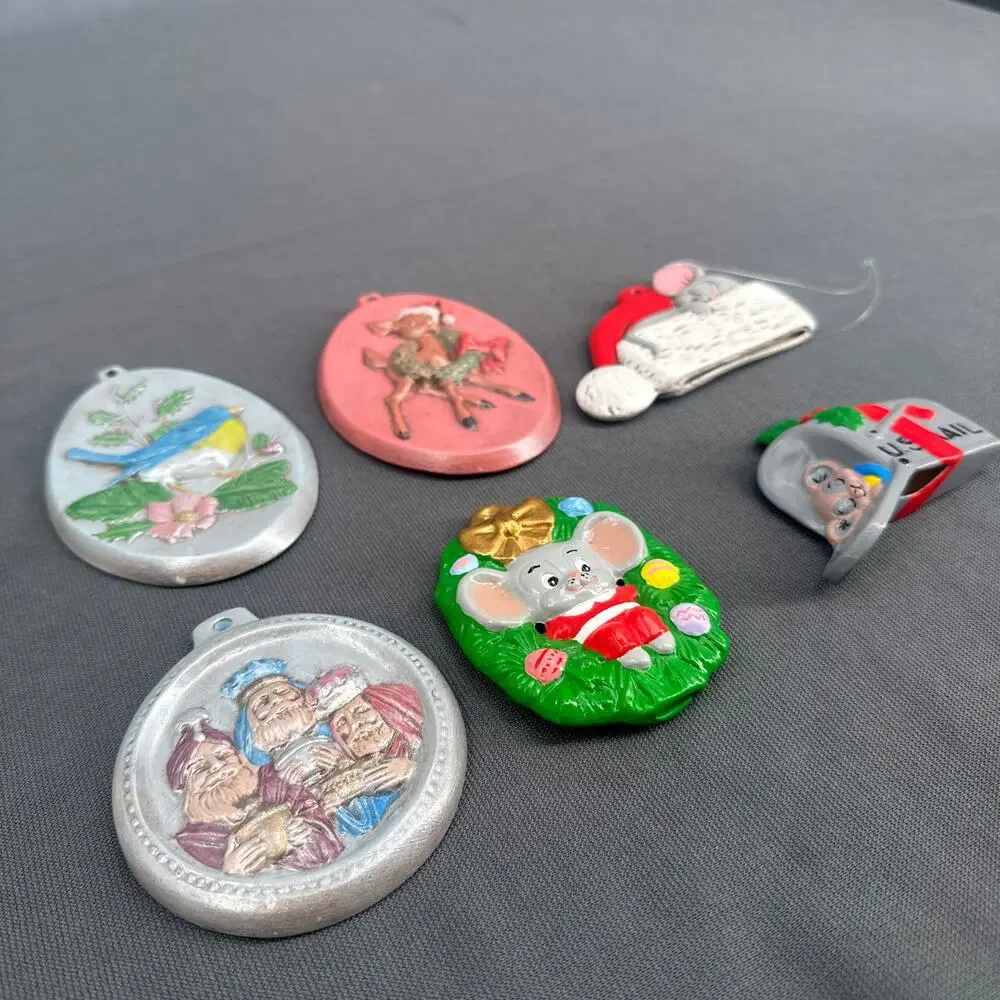 VTG Hand Painted Christmas Ornaments Lot of 6 Kitschy Holiday Mouse Deer Bird US